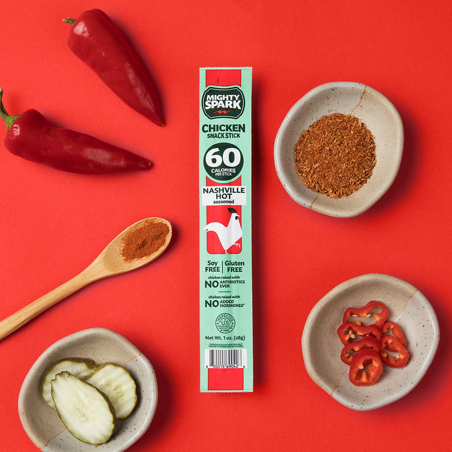 Mighty Spark Chicken Sticks Nashville Hot - Healthy Snacks for Kids & Adults, Gluten Free, Soy Free, Keto-Friendly, 48 count - Weight Watchers Approved