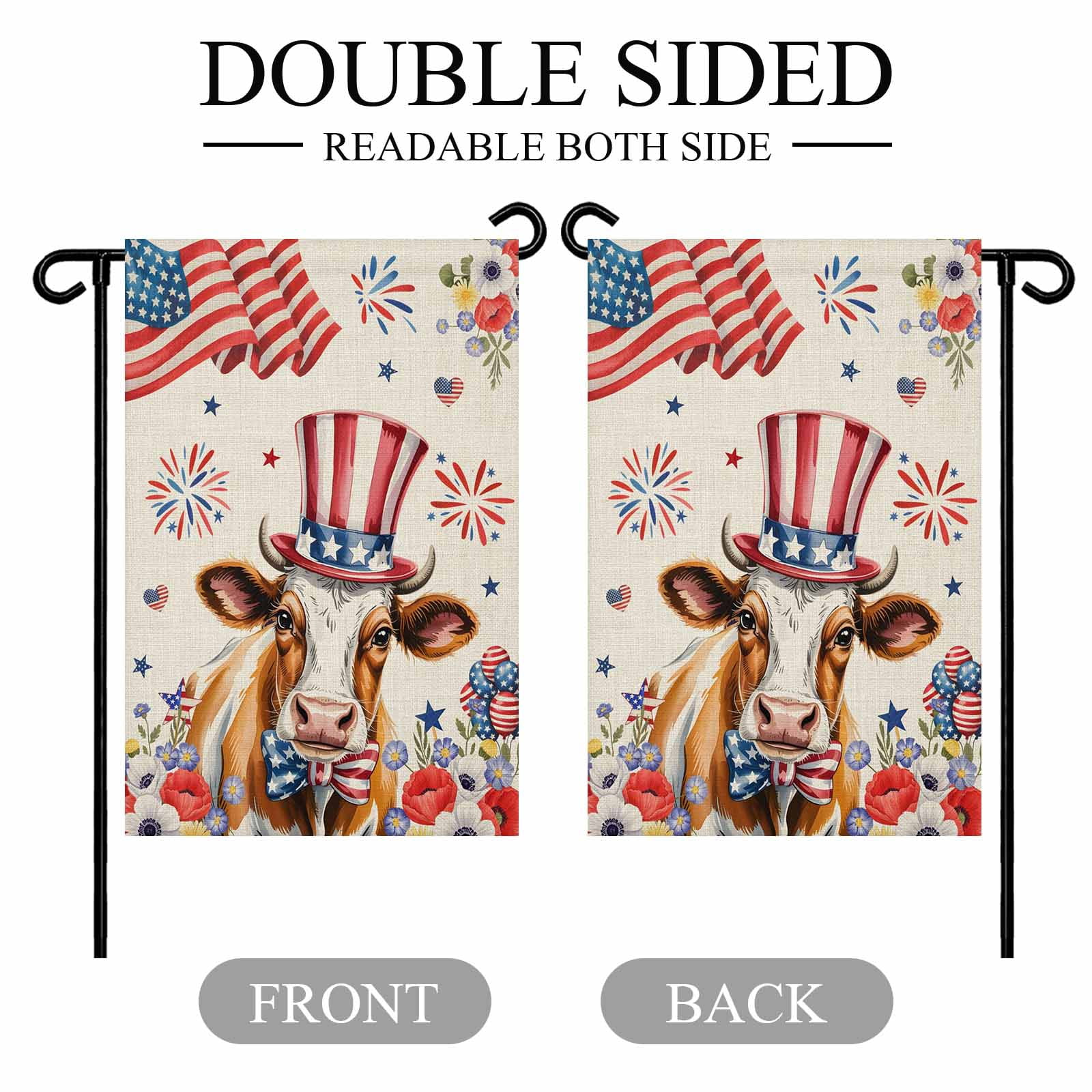 4th of July Garden Flags USA Flag Cow Garden Flag Double Sided Welcome Flag Stars Stripes Hat Fireworks Poppy Independence Day Yard Flags for Outdoor Lawn Porch Memorial Day Holiday Decor 28x40 Inch