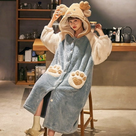 

PIKADINGNIS FUNISHI Coral Fleece Women Sleepwear Hooded Inspissate Winter Pajamas Cartoon Loose Version Night-robe Keep Warm Princess Style