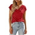 thumbnail image 2 of Htigea Women's Short Sleeve Tops Summer Cowl Neck Business Shirts Solid Color Office Work Dressy Blouses Red M, 2 of 8