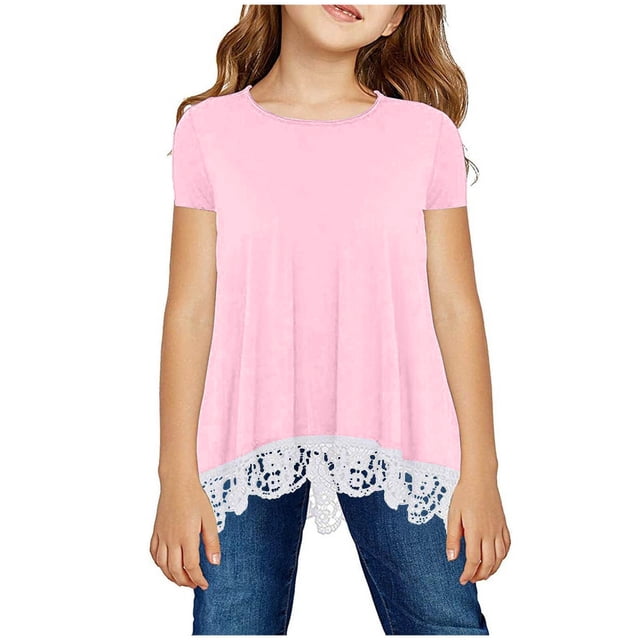MeetoTime Kids Short Sleeve Tops Summer Casual Round Neck Gradient Color Lace Layered T-Shirt Tee for Girls