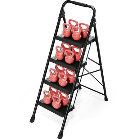 BEHERZT 4 Step Ladder, 800lbs Folding Step Stool with Anti-Slip Wide Pedals and Handrail, Metal Ladder for Home & Office, Black