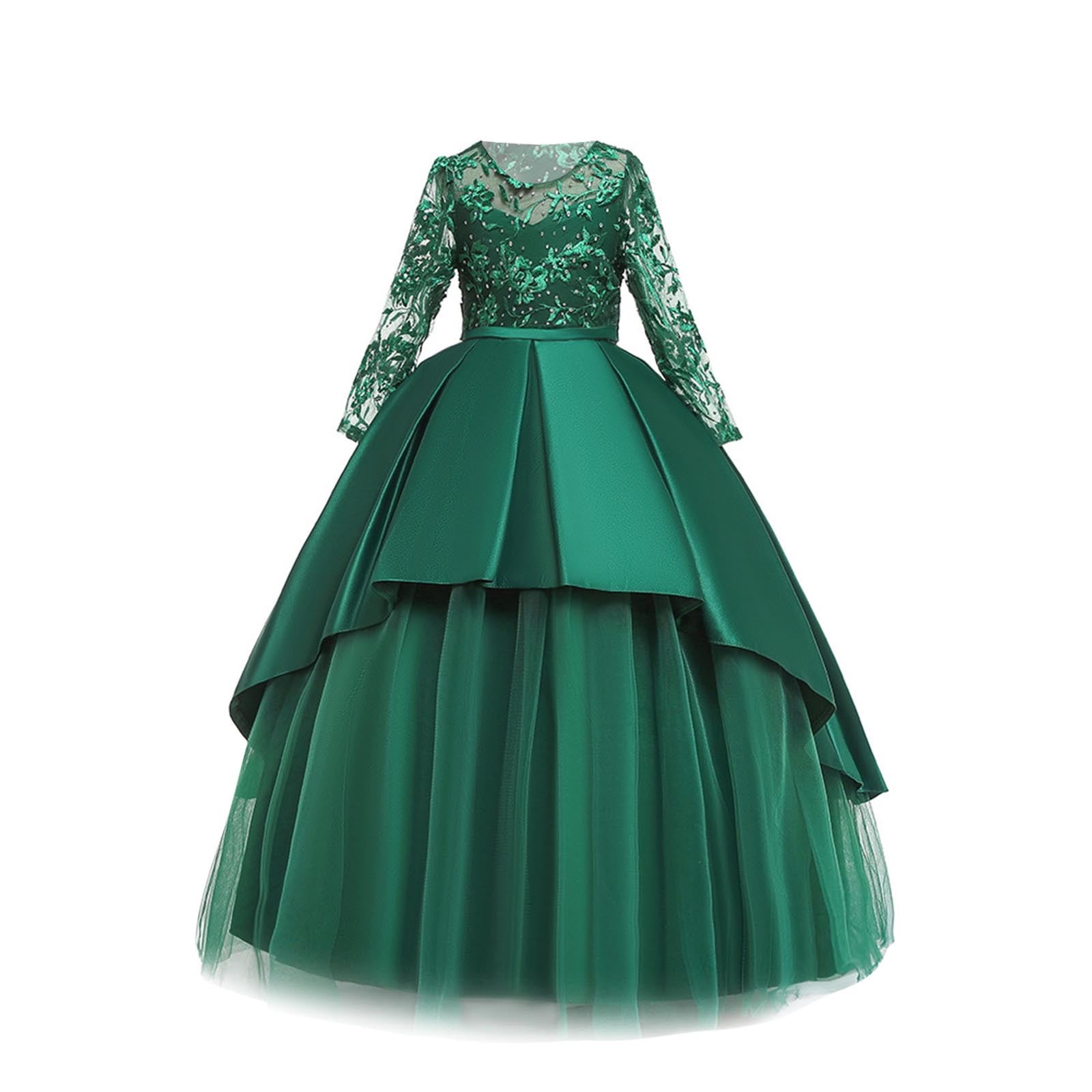 JSGEK Girls Applique Tulle Lace Long Sleeve Dress Princess Wedding Birthday Pageant Party Communion Prom Long Maxi Ball Gown Green 7 Years