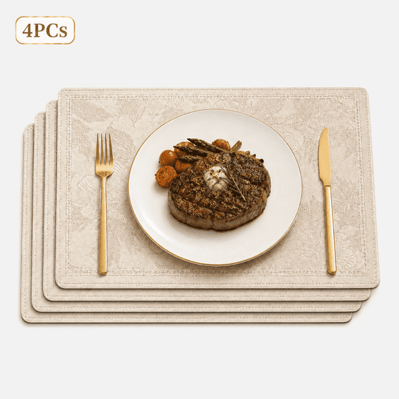 Faux Leather Placemats Set of 4, Waterproof Wipeable Table Mats, Heat Resistant Anti Slip Dining Table Placemats for Kitchen Indoor Outdoor Use, Beige, 17 x 12 Inch