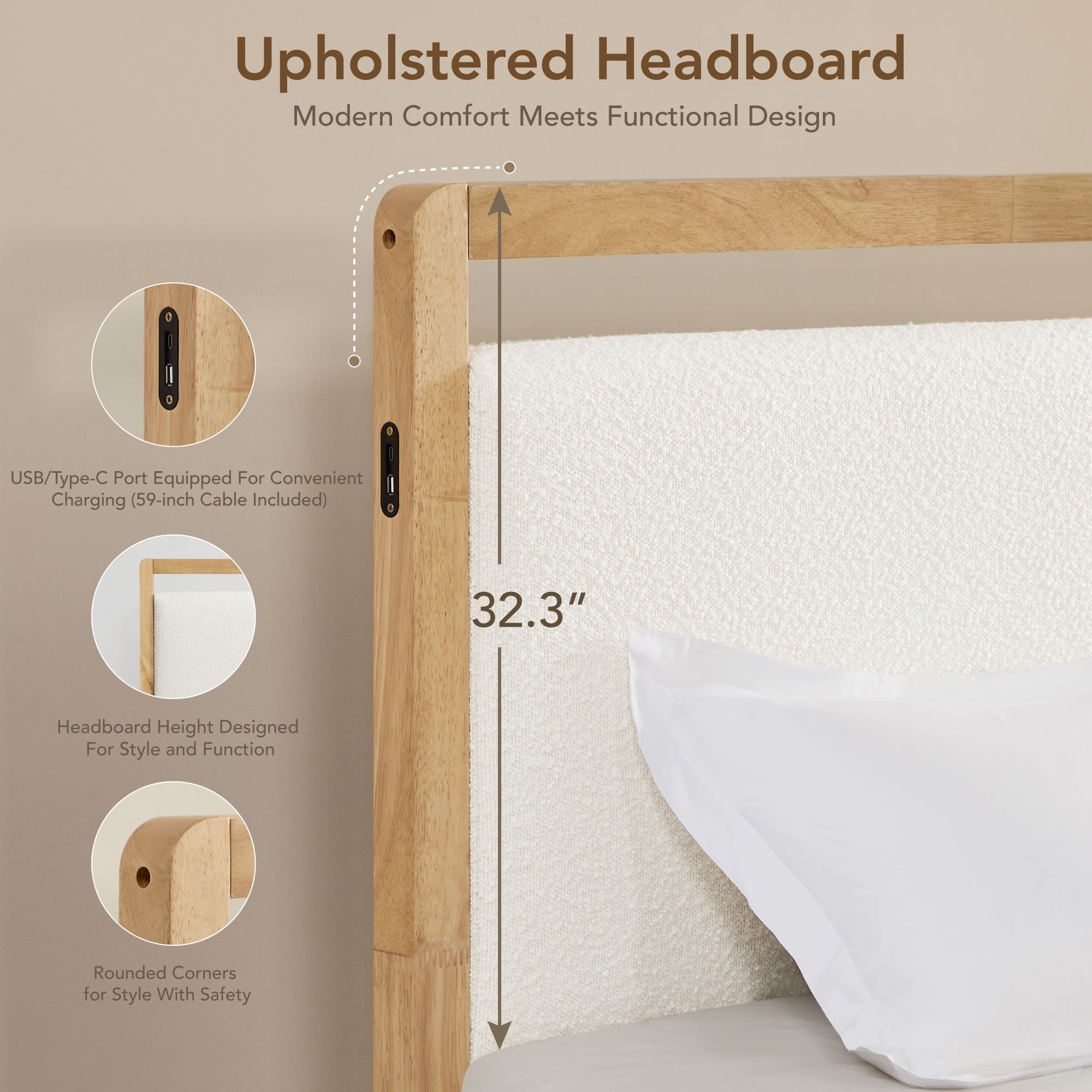 Spruce & Spring Modern Upholstered Platform Bed Frame with USB and Type-C Charging Beige, Queen