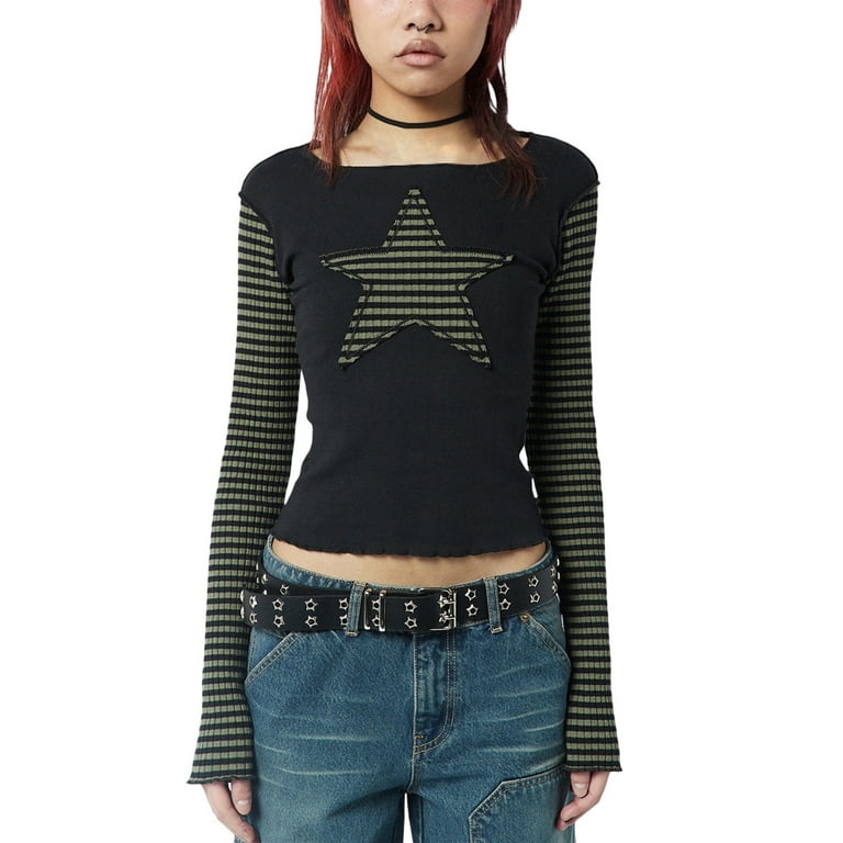 Women Star Patched Striped Long Sleeve T-shirt Harajuku