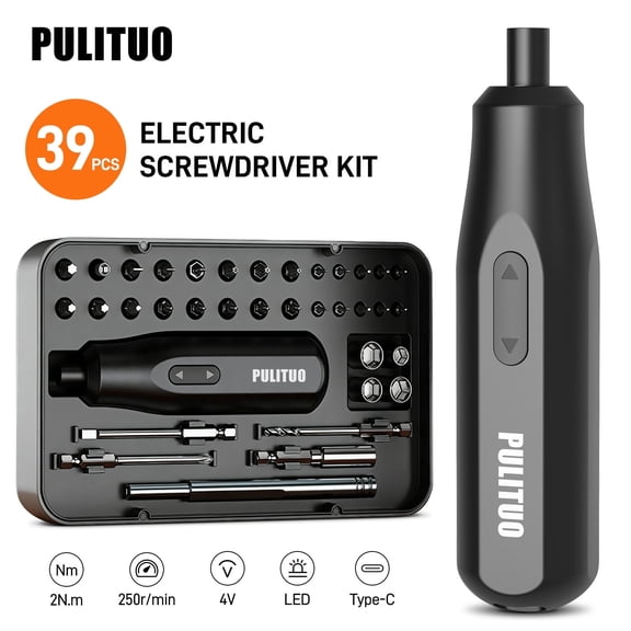 PULITUO 4V Electric Screwdriver Set, 39-Piece Cordless Precision Screwdriver Kit with LED Light & Type-C Charging, 250RPM Mini Power Screwdriver with Bits, Sockets & Extension Bar for Electronics Rep