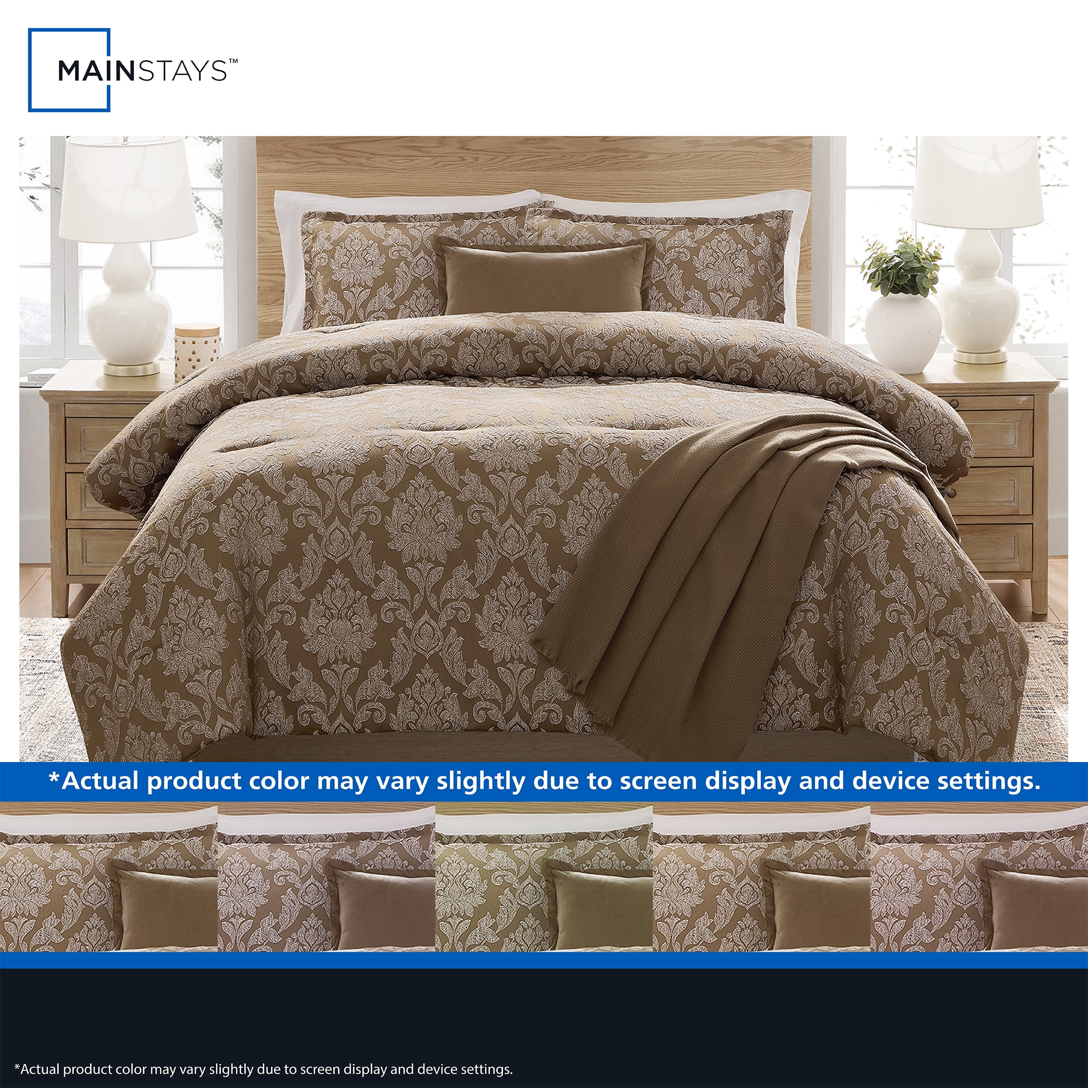 Mainstays Damask 4-Piece Brown Jacquard Comforter Set, Twin/Twin XL