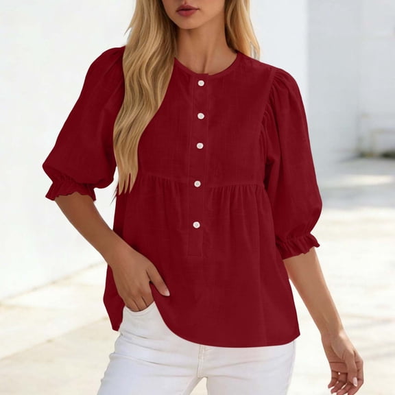 Button Down Short Sleeve Shirts for Women Round Neck Loose Casual Summer Tops