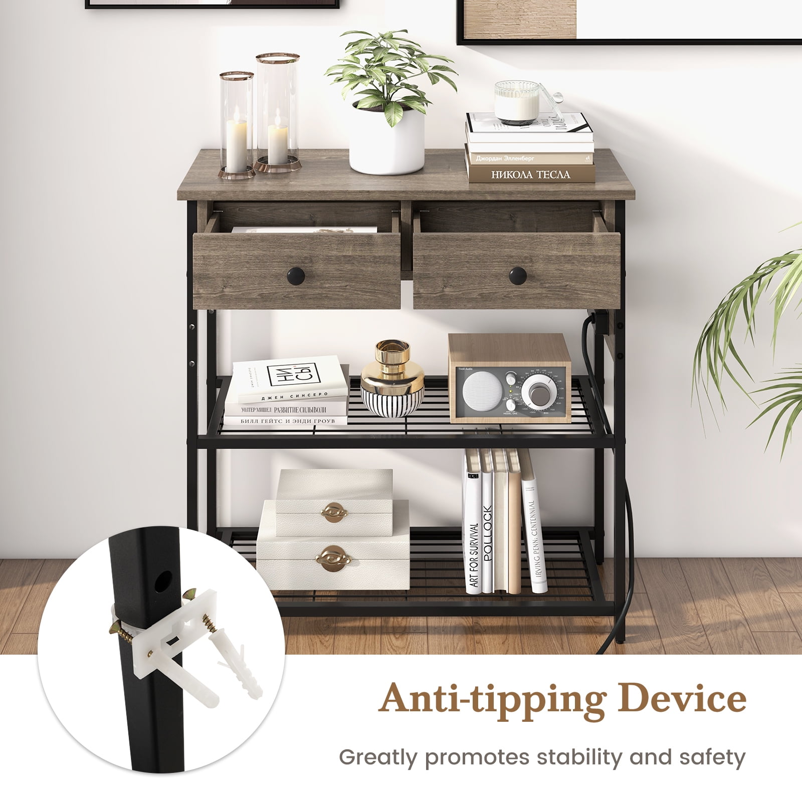 Giantex Console Table w/Outlets , Entryway Table w/USB Ports, Narrow Sofa Table, Entry Hallway Table, Grey