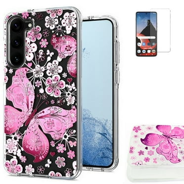For Samsung Galaxy S24 FE Clear Dual-Layer Shockproof Case with Screen Protector (Pink-Butterfly / Tempered Glass)