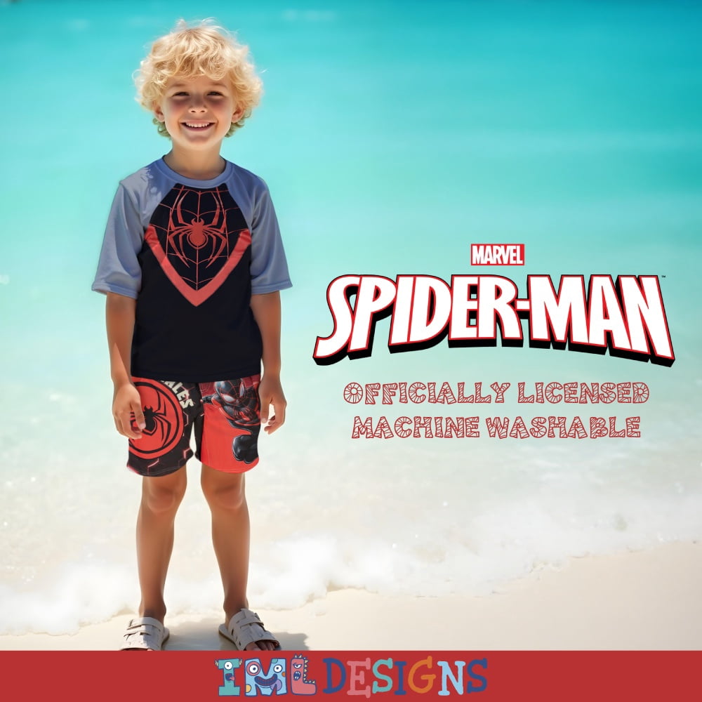 Marvel Boys Spider-Man Miles Morales 2-Piece Rash Guard Swim Set, Quick Drying Swim Shirt & Trunks, Superhero Swimsuit for Kids (Sizes 8-12)