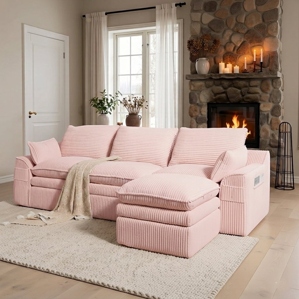 104" Modern Modular L-Shaped Sectional Cloud Sofa, Compressed Corduroy Floor Couch with Movable Ottoman