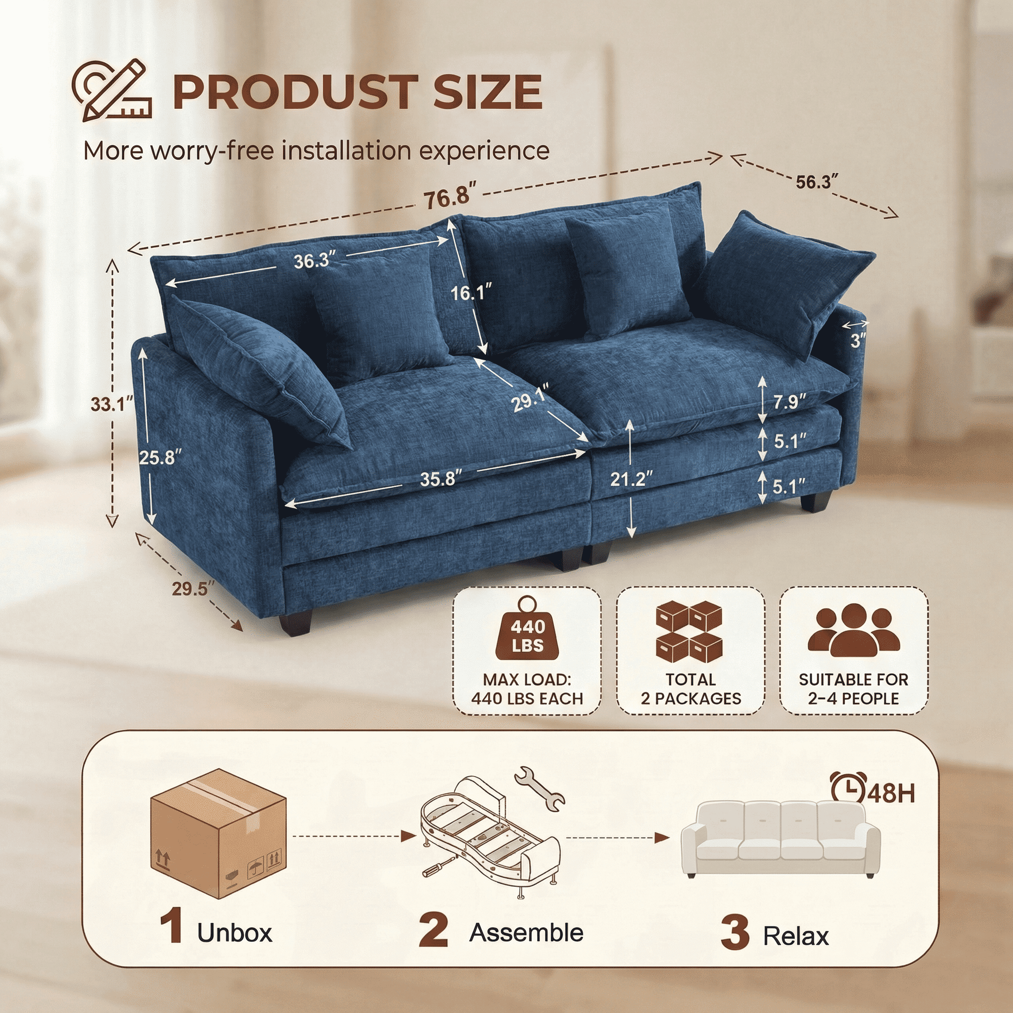 Dioepic Cloud-Comfort Deep Seat Chenille 2-Seat Living Room Loveseat Sofa 77" with 2 Pillows, Blue