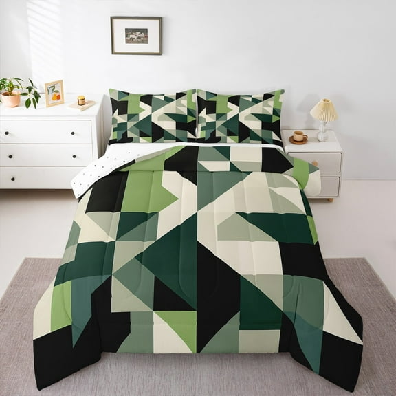 Manfei Vintage Green Square Bedding Comforter Set, Chic Triangle Geometric Twin Comforter Sets, Abstract Ombre Reversible Bedding Set, Ultra Soft Home Decor, 2pcs