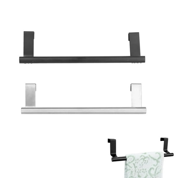 QZS Set of 2 over Door Towel Bar,9x2.4In Stainless Steel Kitchen Towel Holder with Pad for Cupboard,Reusable Cabinet Bar for Bathroom,Kitchen(Black,Silver)