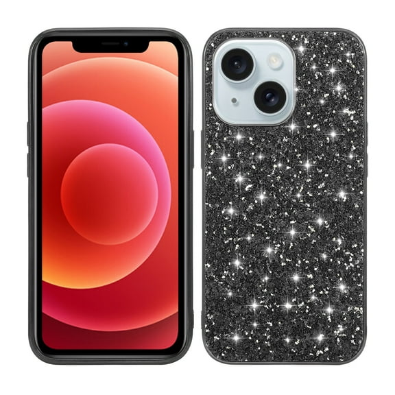 Compatible with iPhone 15 Glitter Plating Case, Luxury Bling Sparkly Shiny Cute Case Soft TPU Plating Bumper Raised Camera Shockproof Back Cover Wireless Charging for Women Girl, Black