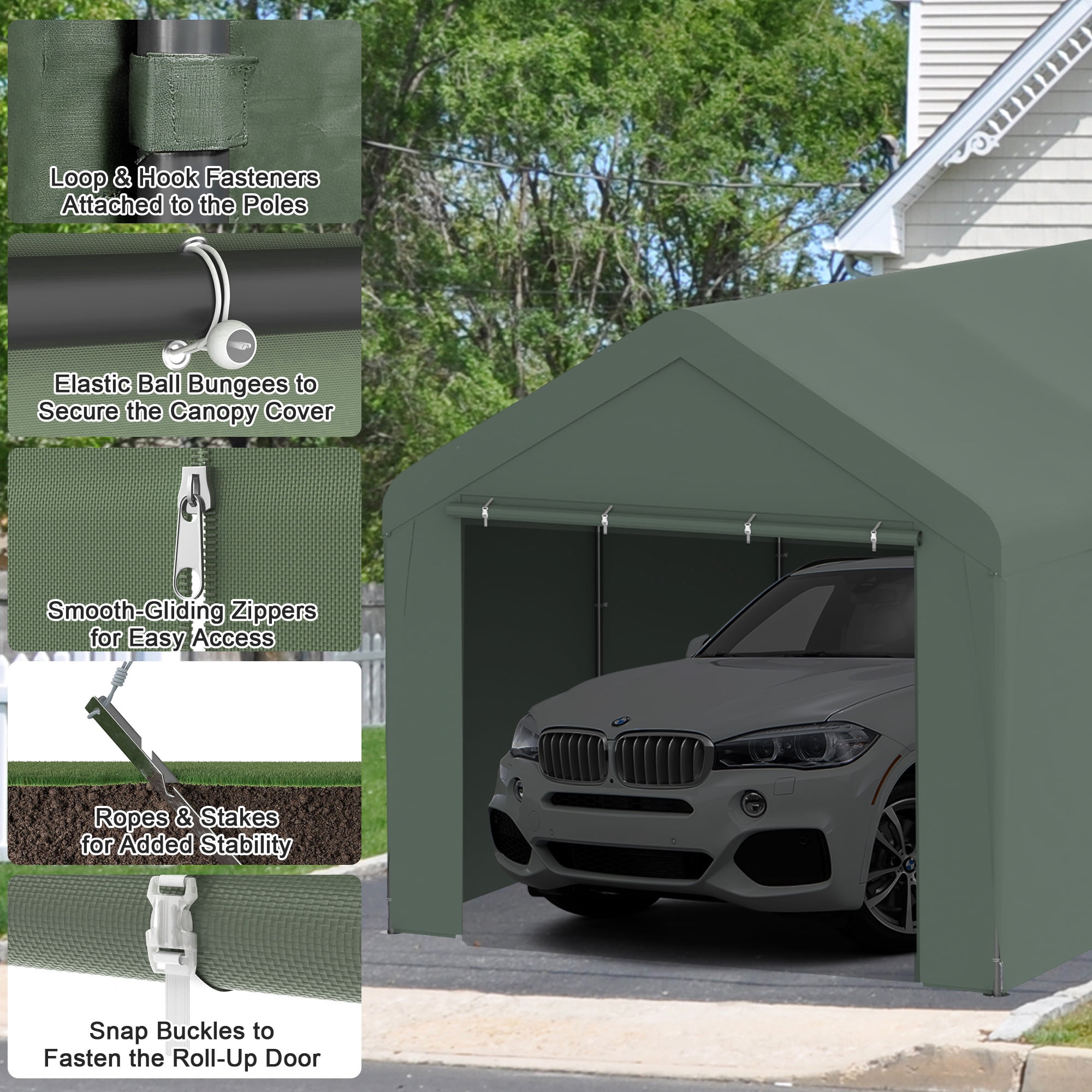 Outdoor Carport 10' x 20' Portable Garage Car Shelter Shade with Removable Sidewalls & Doors, Carport Canopy with Powder-Coated Steel Frame for Outdoor Party, Birthday