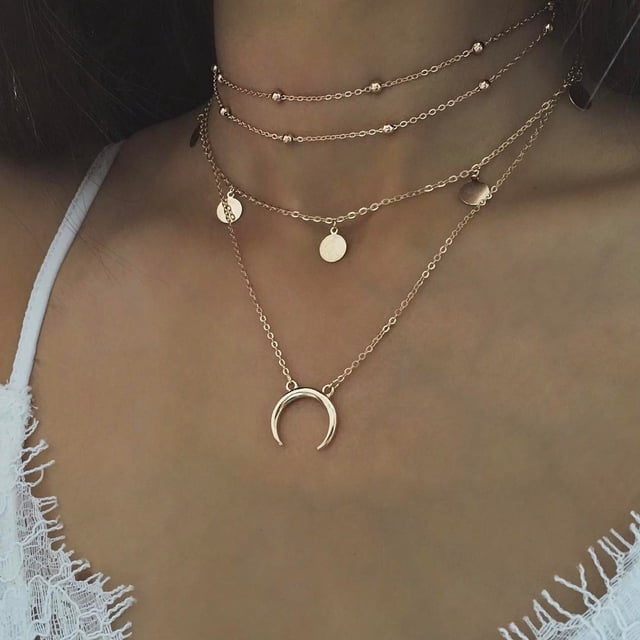 Collier Ras du Cou Multi-Couches Pendentif en Forme de Lune Ras du Cou Femme Pendentif Multi-Couches Collier Décoration Chaîne de Cou Bijou