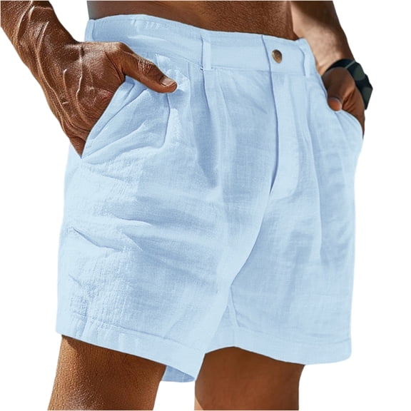 Men's Cotton Linen Shorts Casual Pleated Summer Vacation Beach Elastic Waist Shorts with Pockets Light Blue 2XL