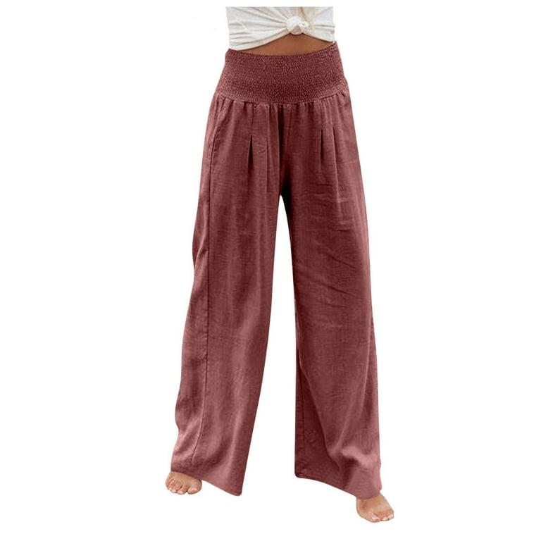 ZQGJB Women's Casual Cotton Linen Pants Trendy Solid Color Smocked High  Waist Palazzo Pants Loose Lightweight Floor Length Baggy Trousers with  Pockets Wine S 