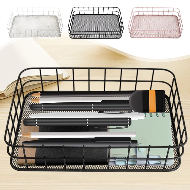 Usloyux 3Pcs Iron Storage Basket, Multi-Purpose Organizer for Office Kitchen Snacks Cosmetics, Dormitory Storage Rack, Decorative Storage Box for Miscellaneous Items, Wall Mountable and Stackable