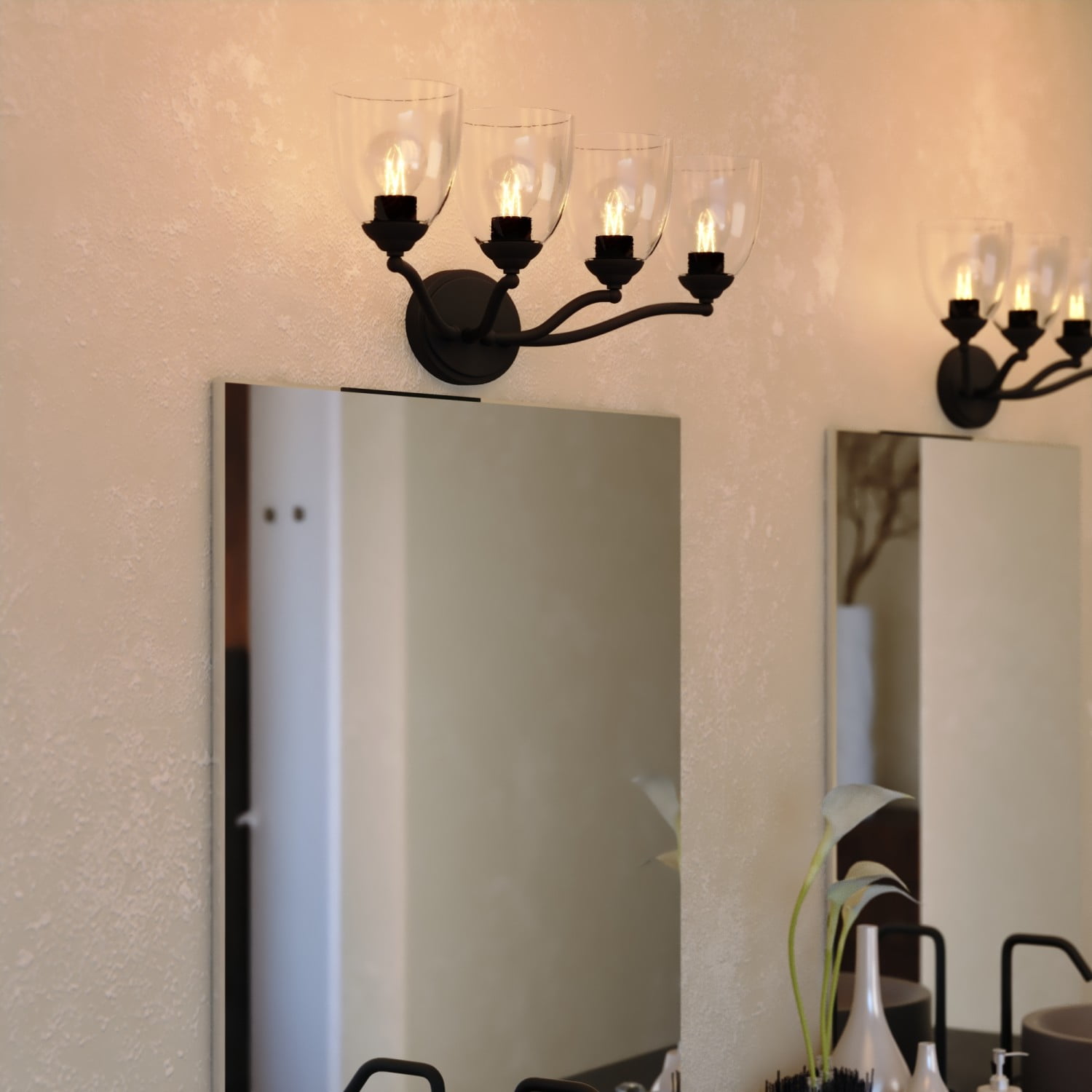Bellwood 4-Light 28 in. Wide Matte Black Traditional Bathroom Vanity Lighting Fixture, Clear Seeded Bell Glass Shade, Dimmable, LED Compatible, Over the Mirror Mounted Steel Wall Sconce
