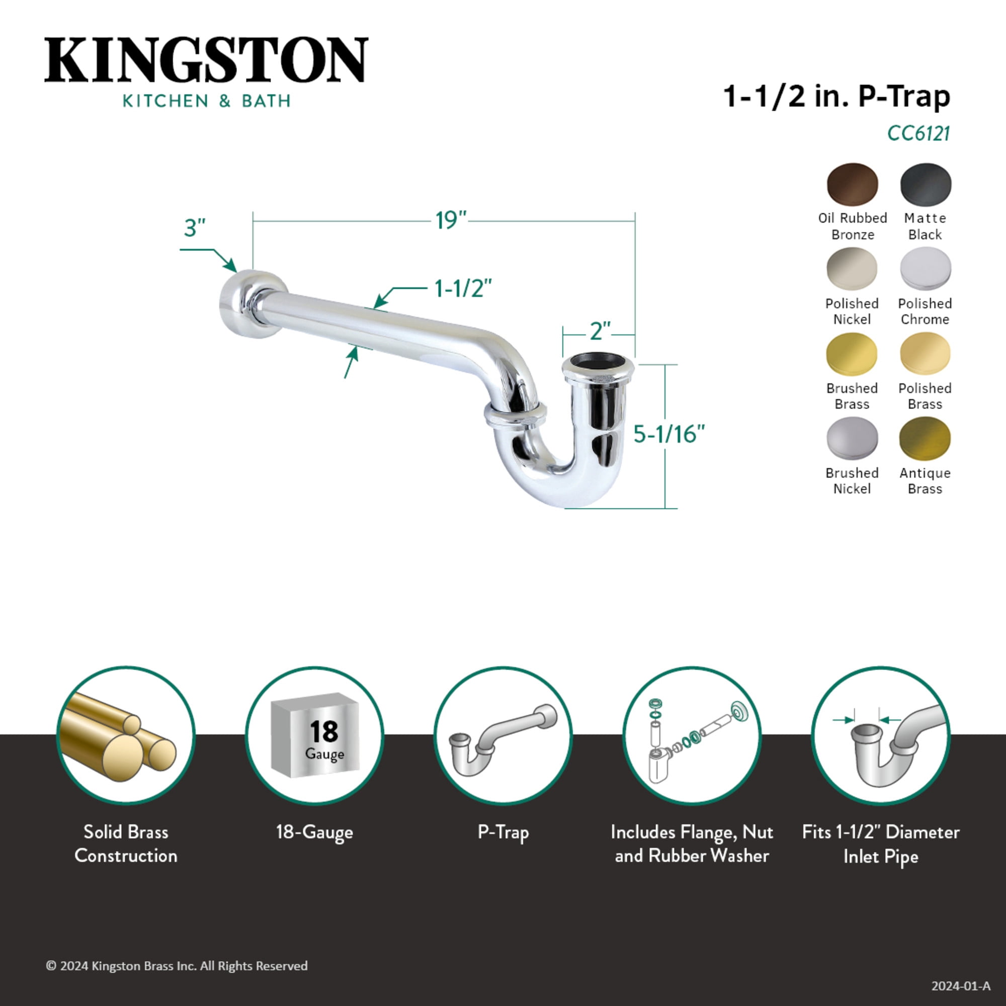 Kingston Brass CC6126 1-1/2" P-Trap with Box Flange, 19" Length, 18 Gauge, Polished Nickel