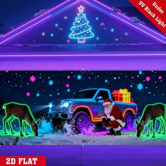 Christmas Garage Door Cover Banner, Uv Reactive Design with 2 Lighting Modes for Festive Outdoor Decor, Fluorescent Glows In Dark with Cartoon Santa Elf Party Backdrop Xmas Decoration ()