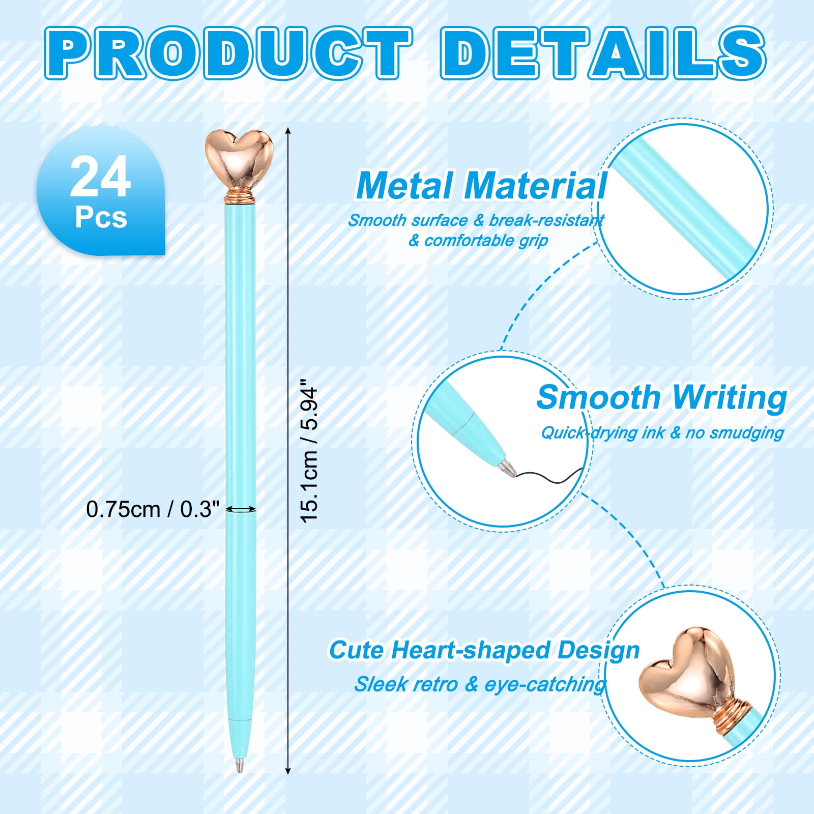Uxcell Heart Pens 1.0 mm Black Ink, 24 Pcs Metal Cute Pens Heart Ballpoint Retractable for Women Wedding Office Party, Candy Blue/Rose Gold