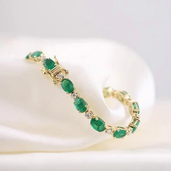 925 Silver Created Lab Emerald Oval With White Zirconia Bracelet,14k Gold Plated Tennis Bracelet,Bridesmaid Bracelet,Gift Girlfriend Gift