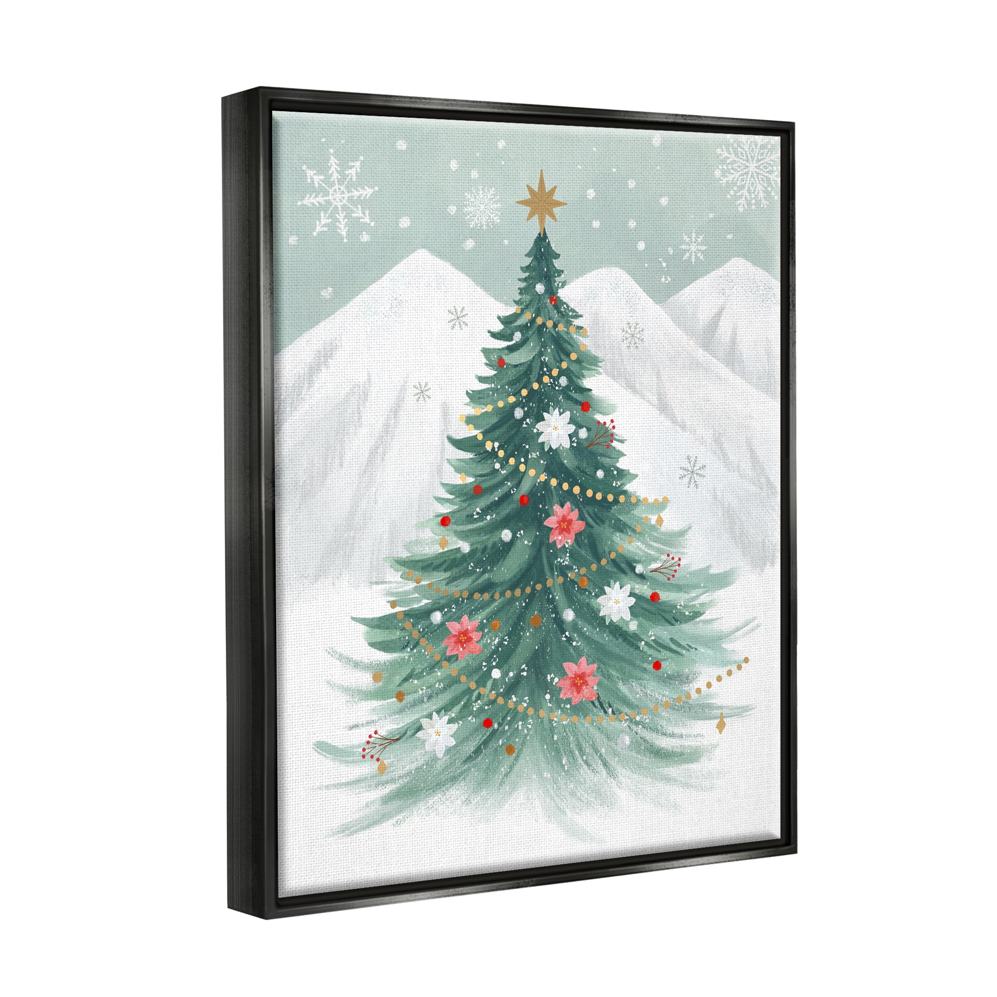 Stupell Industries Subtle Christmas Tree in Snow Holiday Painting Black Floater Framed Canvas Art Print Wall Art, 25 x 31