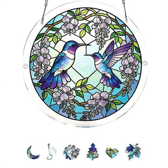 Acrylic Puzzle Window Hanging, Round Stained Glass Style Wall Art Decor for Home Garden