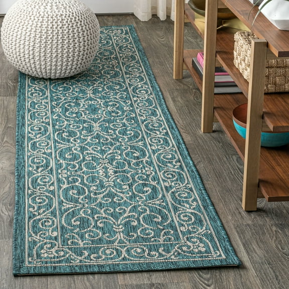 JONATHAN Y SANTA MONICA 2 x 10 Runner Rug, Charleston Vintage Filigree Textured Weave - Teal/Gray, SMB106F-210