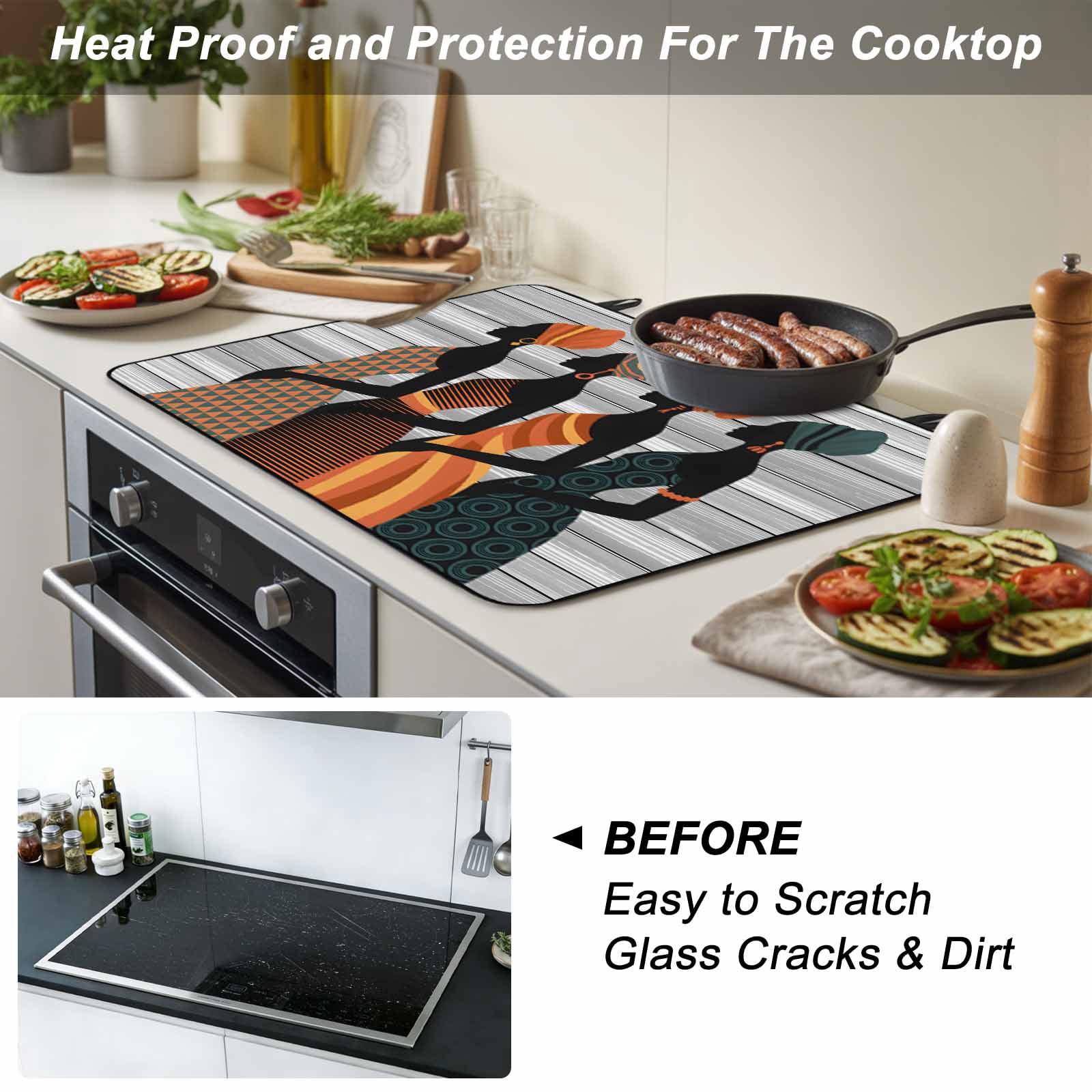Black Female Stove Top Cover for Electric Stove, Heat-proof & Non Slip Glass Top Stove Cover Protector, African Women Geometric Abstract Art Kitchen Flat Cooktop Rubber Mat 24x21 Inches