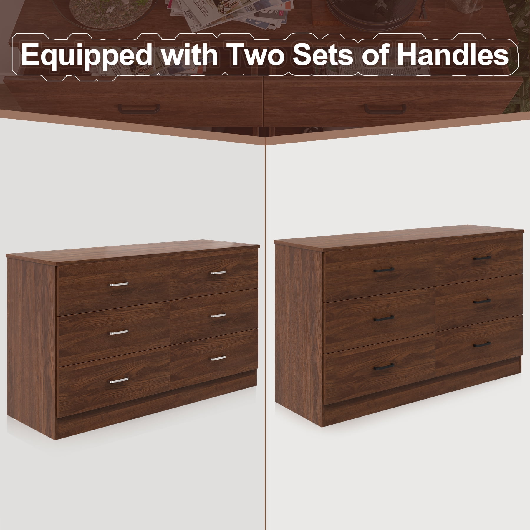 Frmobepts Wood Dresser for Bedroom, 6 Drawer Dresser, 15.8" D x 47.2" W x 27.7" H, Walnut Brown