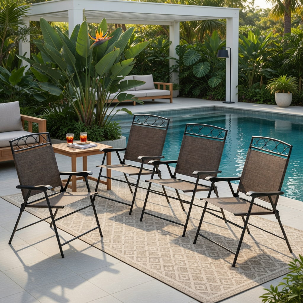 Hommoo 4-Pack Patio Folding Chairs with Armrests, Lightweight Outdoor Dining Chairs, Easy-Store Metal Frame & Breathable Fabric, Brown