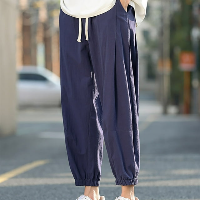 EOYWHK Linen Pants for Men Elastic Waist Work Pants Summer Casual Lounge Sleep Joggers with Drawstring Pockets