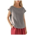 thumbnail image 3 of JUNWELL Lin à la Mode des Femmes Casual Ample Mode à Manches Courtes T-shirt Couleur Unie Col Rond Top, 3 of 7