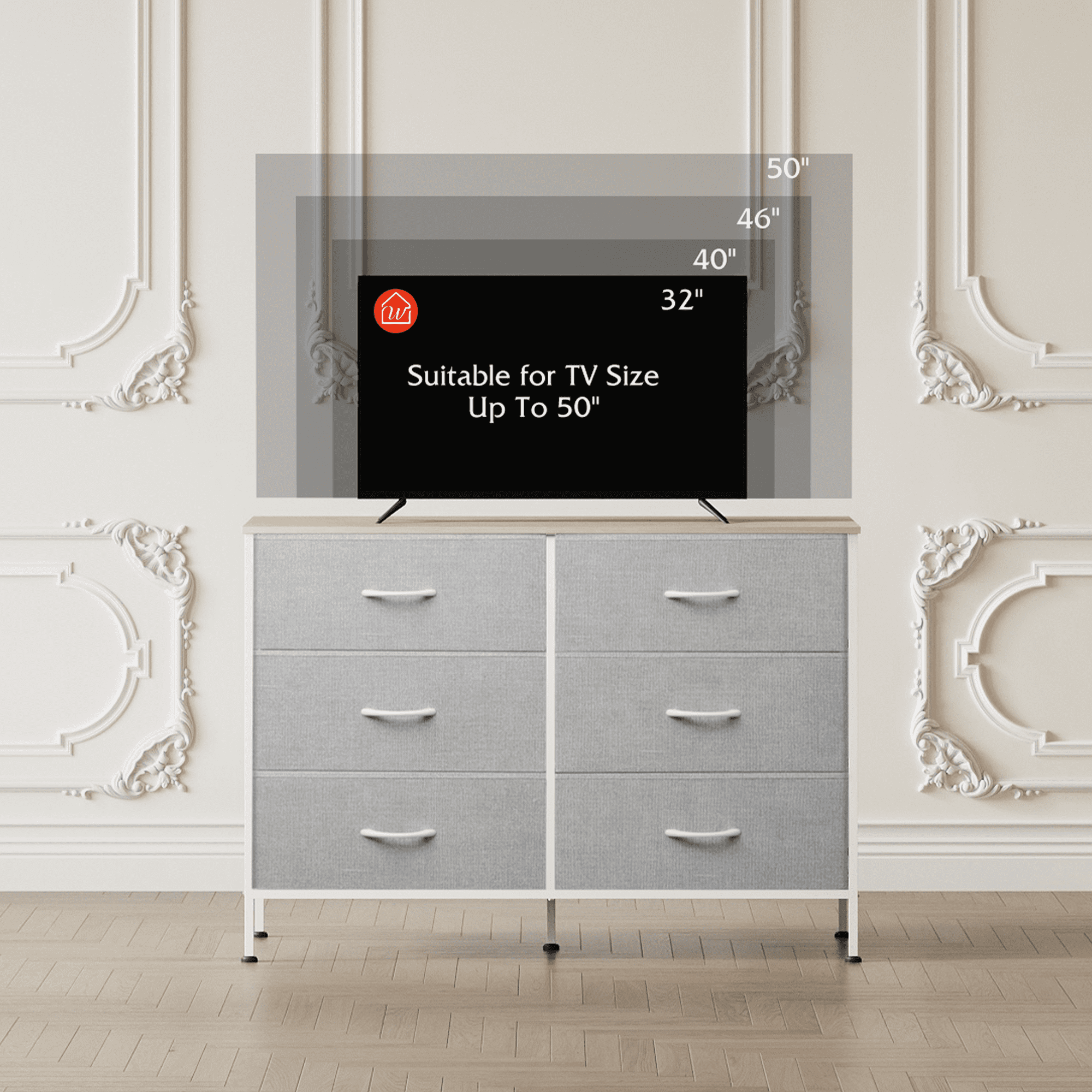 GALAXHERO 6-Drawer Fabric Dresser, 50-Inch TV Stand Wide Chest of Drawers for Bedroom, Closet, Living Room, Light Grey
