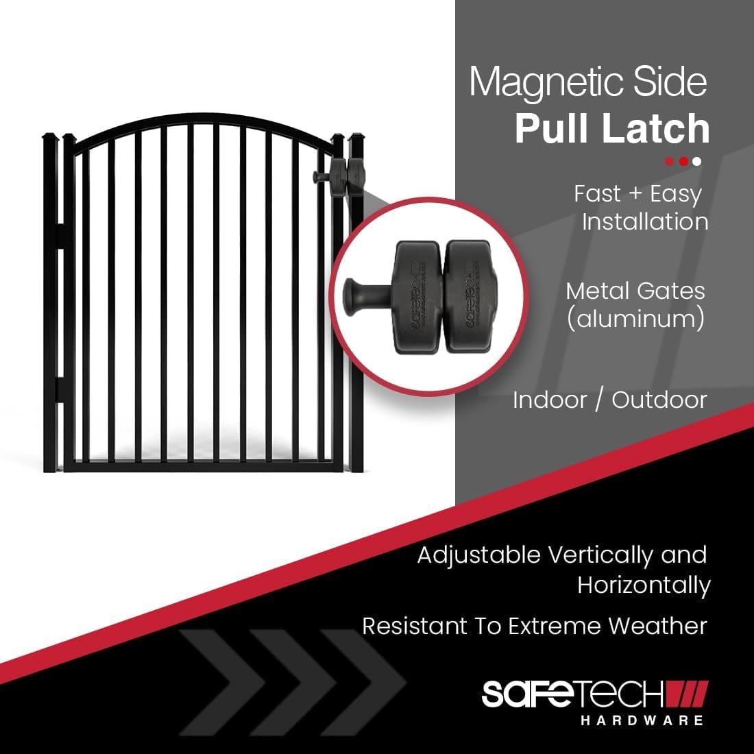 Safetech Hardware Magnetic Side Pull Gate Latch | General Purpose Magnetic Gate Latch for Aluminum/Metal Fences | Industrial Strength Self-Latching Fence Pull SLG-150KB - Black