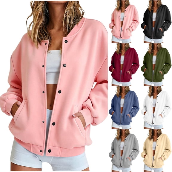 Sahpxhe Bomber Jackets for Women Oversized Snap Button Long Sleeve Sweat Jacket School Outdoor Outfits with Pockets Pink S