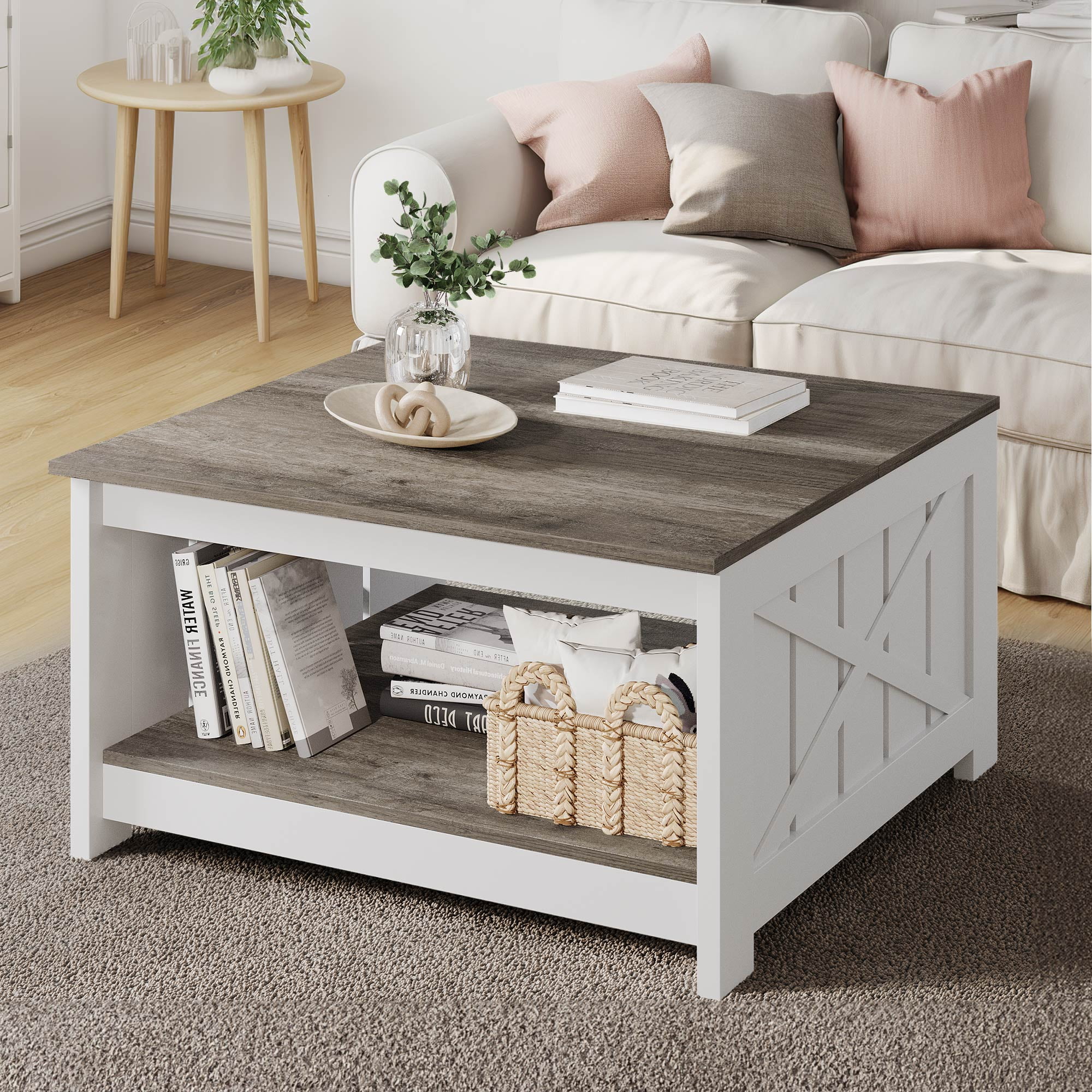 Dextrus Square Coffee Table, Farmhouse Coffee Table with Half Open Storage Compartment, Brown&White