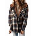 thumbnail image 3 of Women'S Plaid Jacket Long Sleeve Button Down Fleece Hooded Jackets Warm Coat Brown Checkered S, 3 of 7