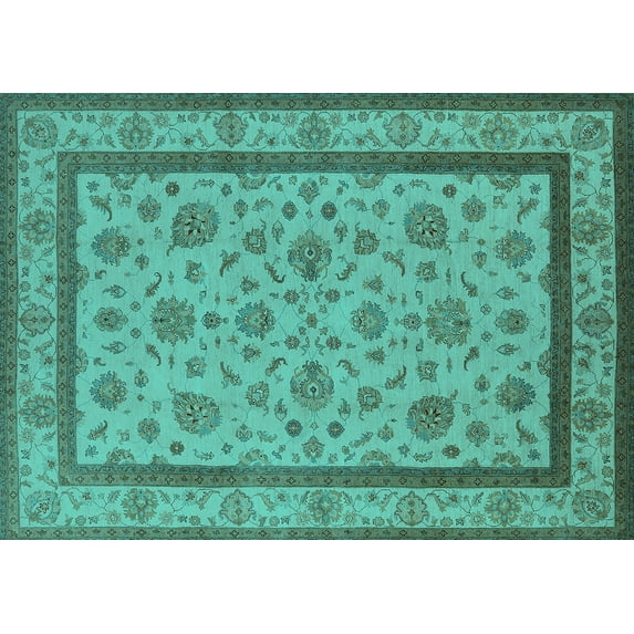 Ahgly Company Machine Washable Indoor Rectangle Oriental Turquoise Blue Traditional Area Rugs, 7' x 10'