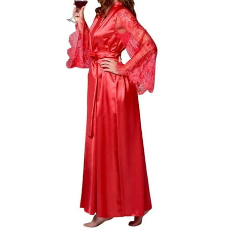 

Women Satin Silk Sleepwear Lace Long Bridal Kimono Robe Night Dressing Gown