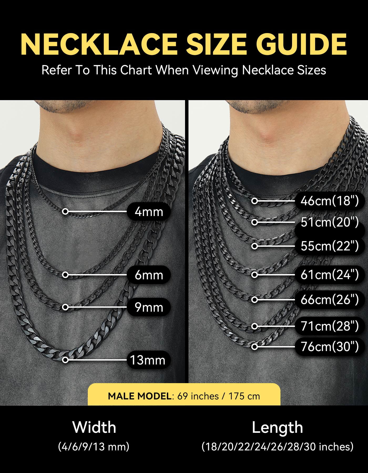 ChainsHouse Mens Necklaces Cuban Link Chain Black Necklace for Men Stainless Steel 9mm Chunky Chains Hiphop Men Jewelry Gift, 30 inches