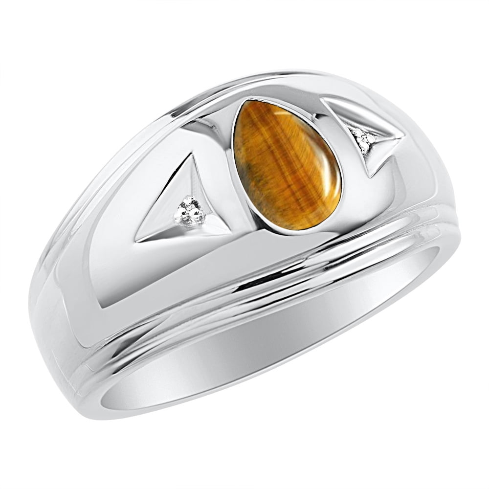 Mens Tiger Eye & Diamond Ring 14K White Gold Band