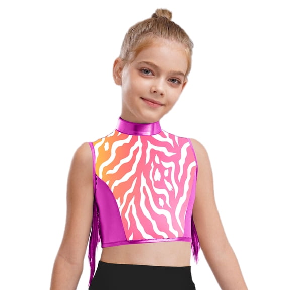 TiaoBug Kids Girls Dance Crop Top Sleeveless Sparkle Zebra Print Athletic Vest for Gymnastics Stage Performance Hot Pink 10