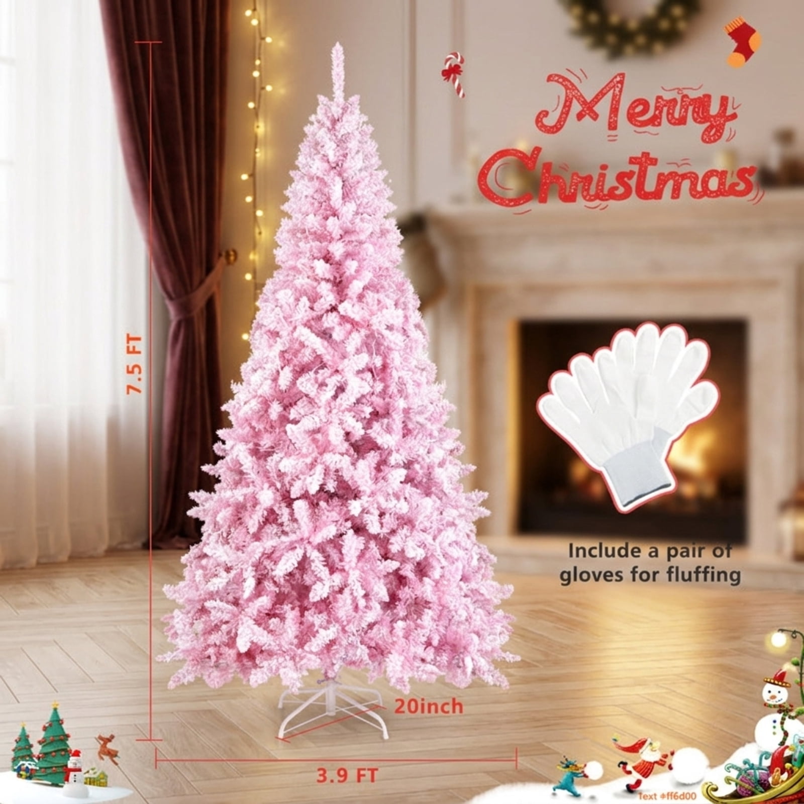 RUIE 7.5 ft Pink Flocked Christmas Tree, Pre-Lit Artificial Xmas Tree with 450 LED Lights and 1100 Branch Tips for Holiday Decor